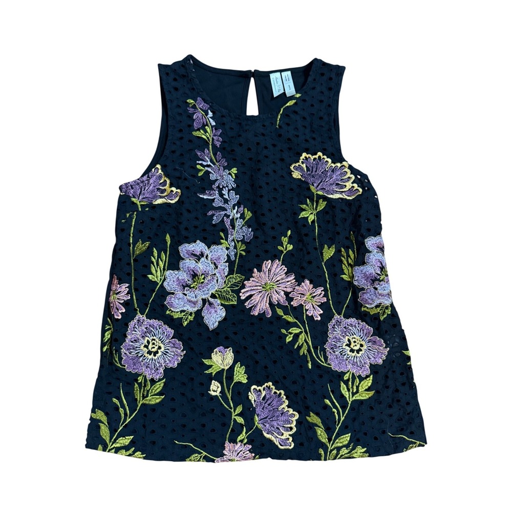 Meadow Rue Anthropologie Black Floral Embroidered Eyelet Sleeveless Top Small